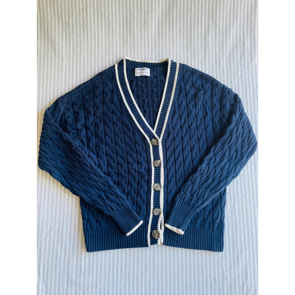 Old Navy Varsity Cable Knit Cardigan Arctic Depth Blue White Trim Women's XS